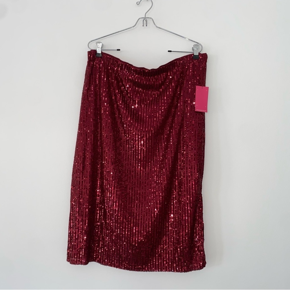 Vince Camuto Red Wine Holiday Sequin Stretchy Event Midi Skirt size xl - Picture 3 of 9
